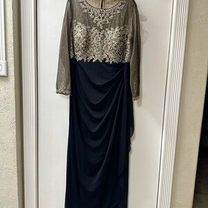 Xscape Navy and Gold Long Sleeve Dress